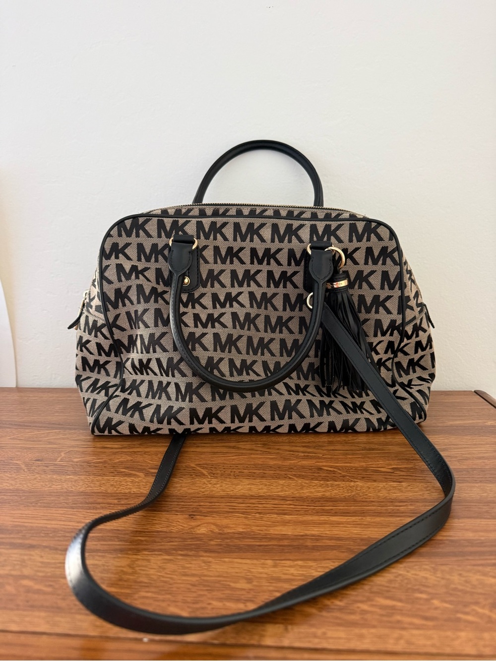 Michael Kors Beige and Black MK Monogram Satchel with Tassel